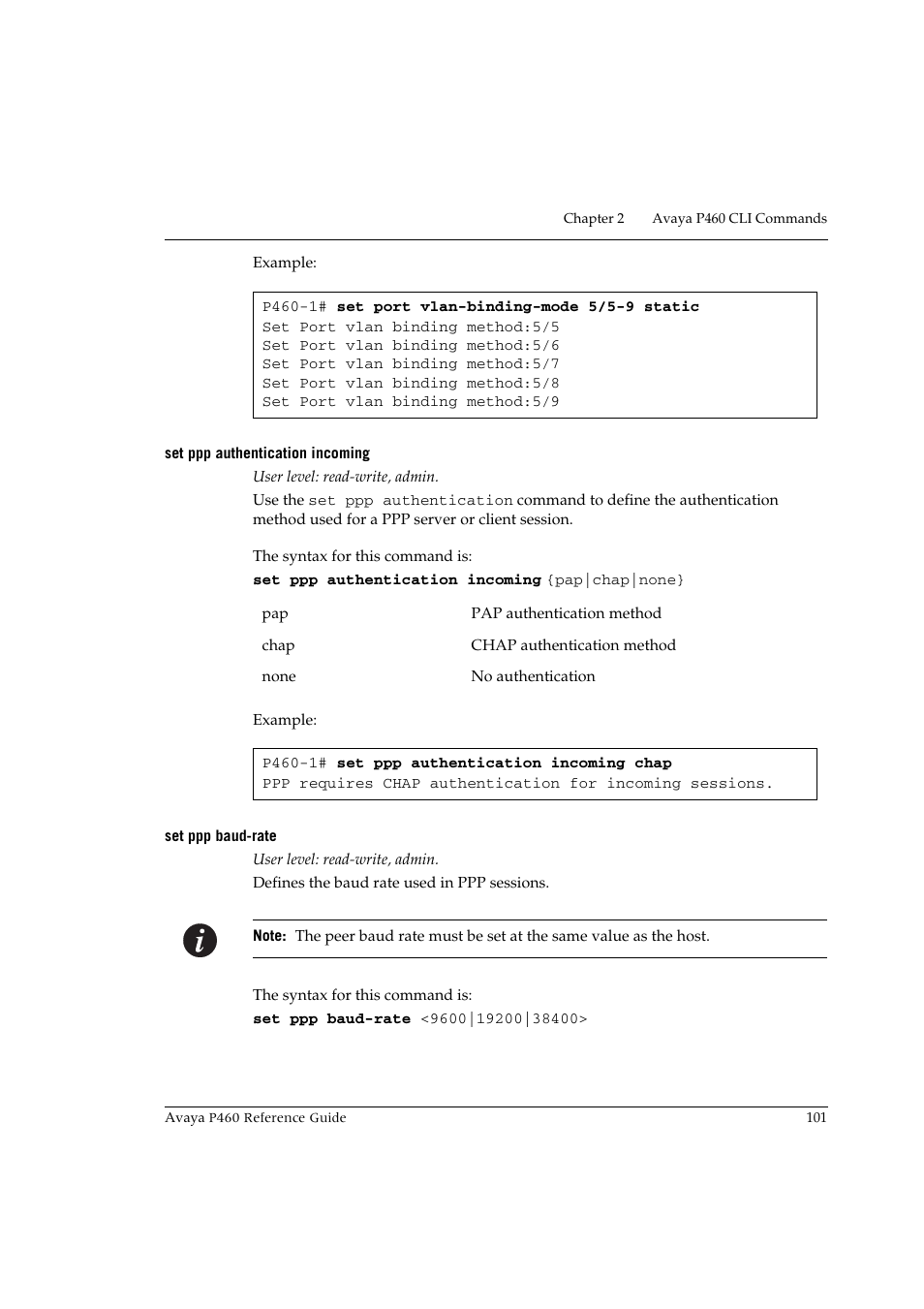 Set ppp authentication incoming, Set ppp baud-rate, Set ppp authentication incoming set ppp baud-rate | Avaya P460 User Manual | Page 111 / 224