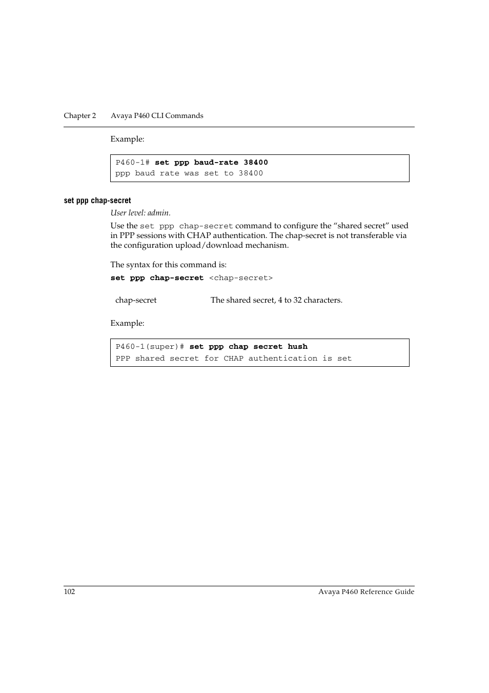 Set ppp chap-secret | Avaya P460 User Manual | Page 112 / 224