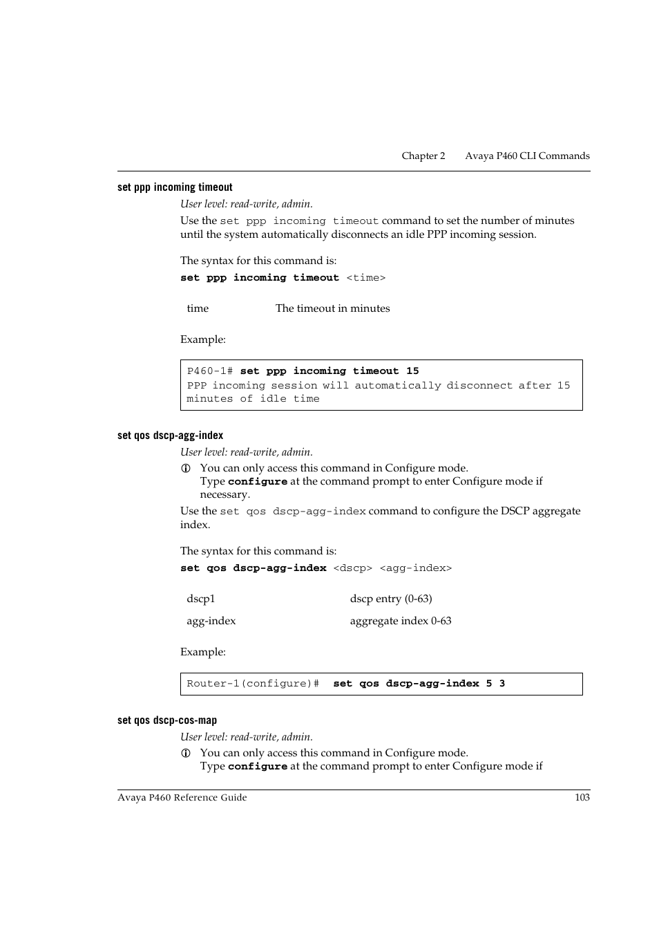 Set ppp incoming timeout, Set qos dscp-agg-index, Set qos dscp-cos-map | Avaya P460 User Manual | Page 113 / 224