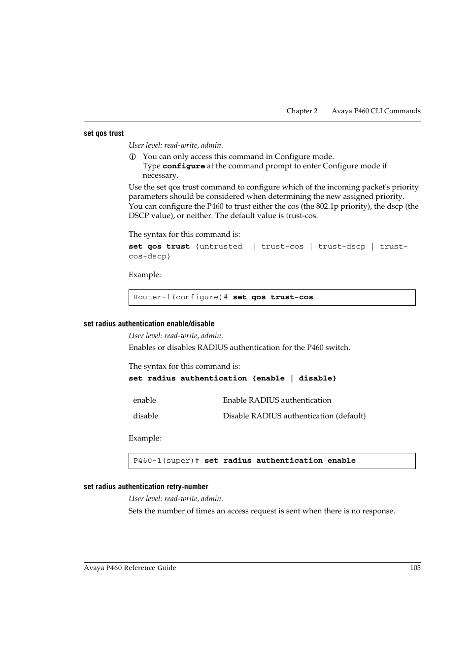 Set qos trust, Set radius authentication enable/disable, Set radius authentication retry-number | Avaya P460 User Manual | Page 115 / 224