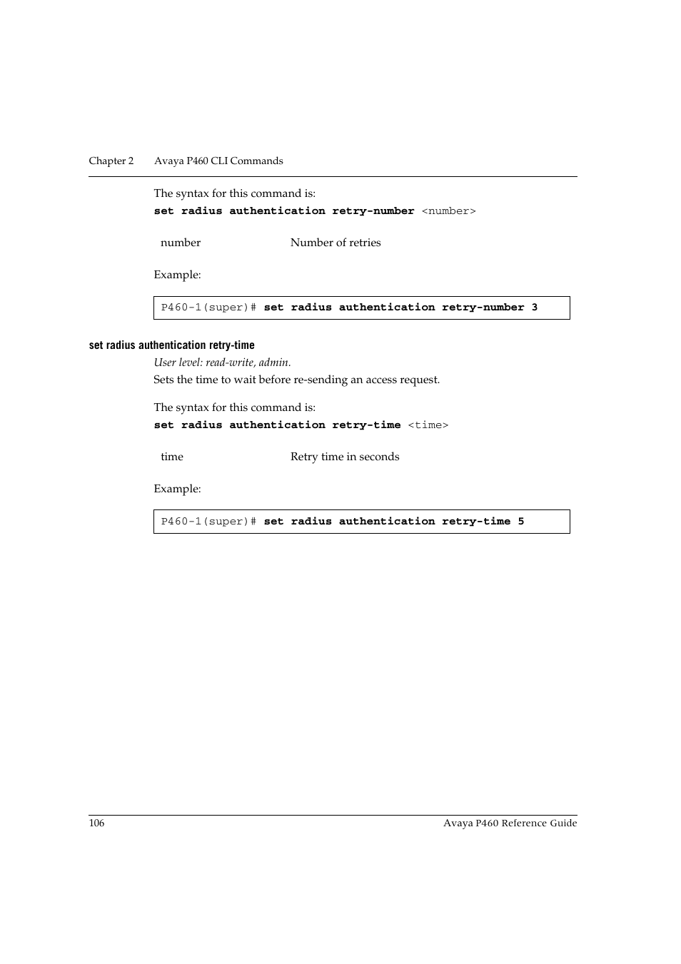 Set radius authentication retry-time | Avaya P460 User Manual | Page 116 / 224