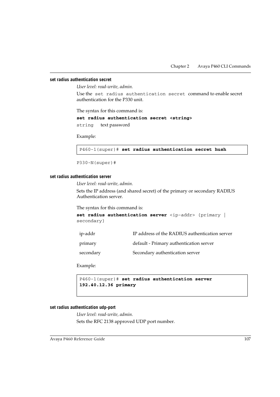 Set radius authentication secret, Set radius authentication server, Set radius authentication udp-port | Avaya P460 User Manual | Page 117 / 224