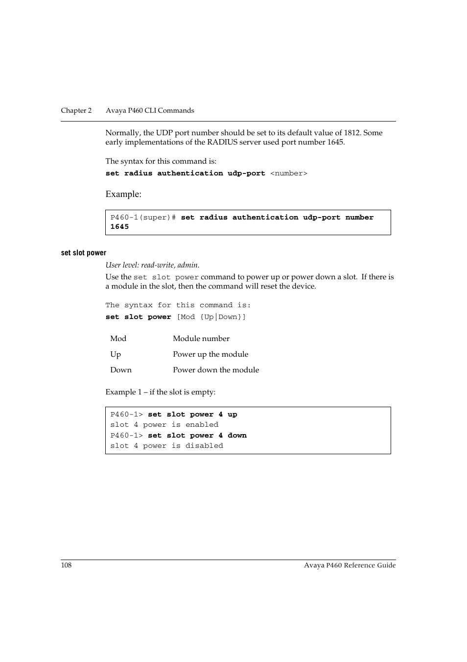 Set slot power, Example | Avaya P460 User Manual | Page 118 / 224