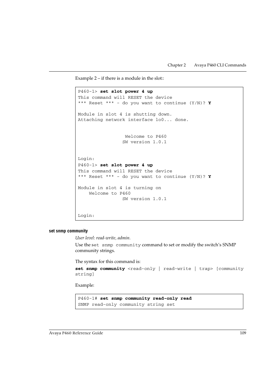 Set snmp community | Avaya P460 User Manual | Page 119 / 224