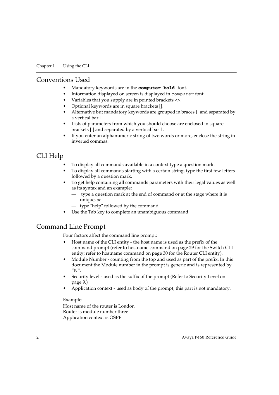 Conventions used, Cli help, Command line prompt | Conventions used cli help command line prompt | Avaya P460 User Manual | Page 12 / 224