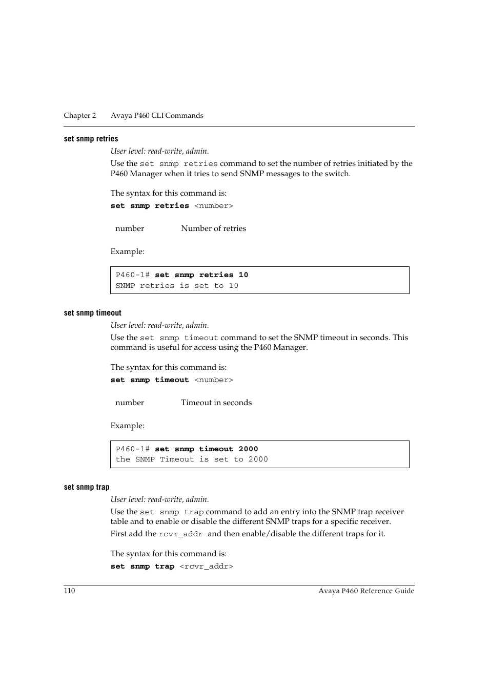 Set snmp retries, Set snmp timeout, Set snmp trap | Set snmp retries set snmp timeout set snmp trap | Avaya P460 User Manual | Page 120 / 224