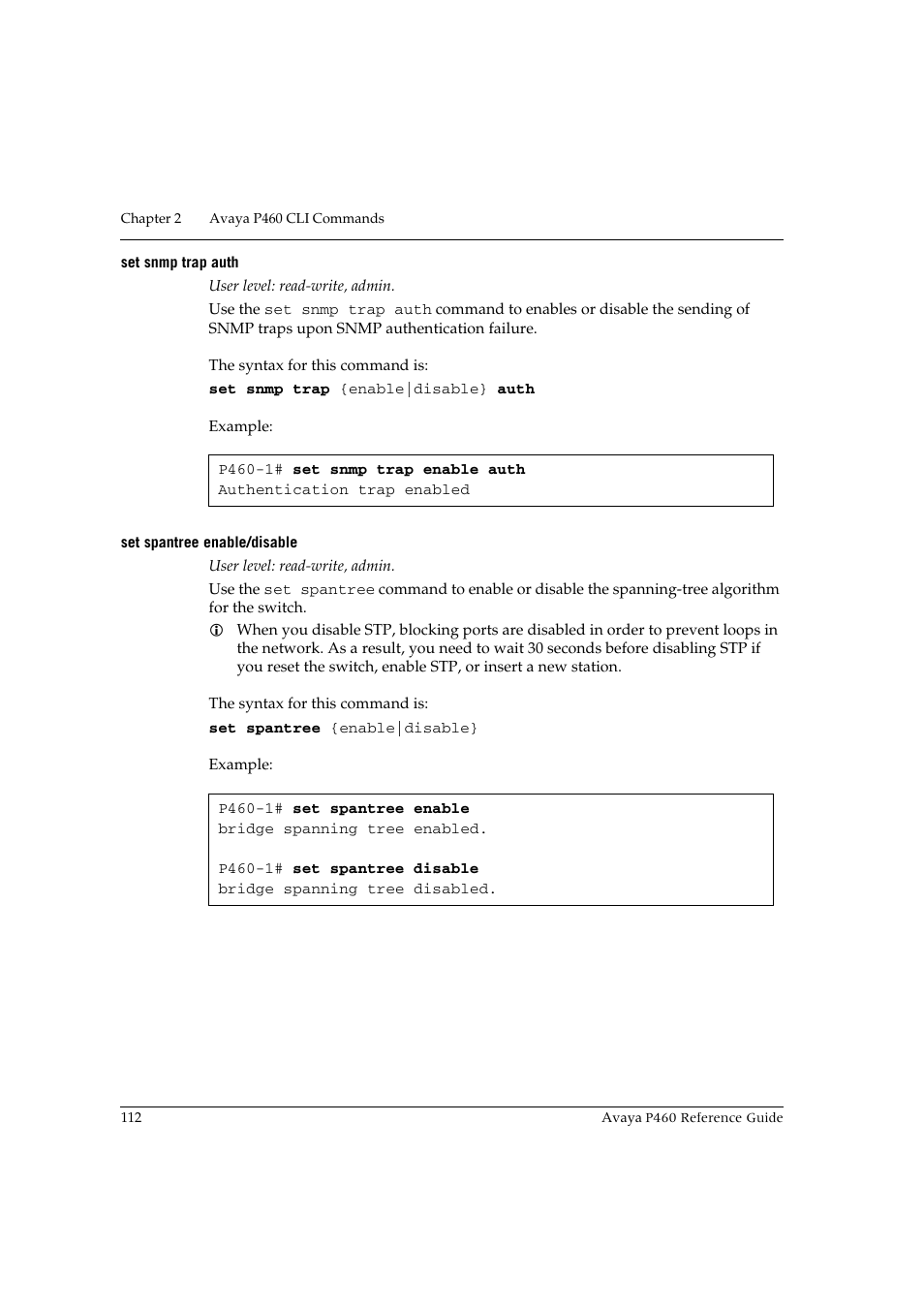 Set snmp trap auth, Set spantree enable/disable, Set snmp trap auth set spantree enable/disable | Avaya P460 User Manual | Page 122 / 224