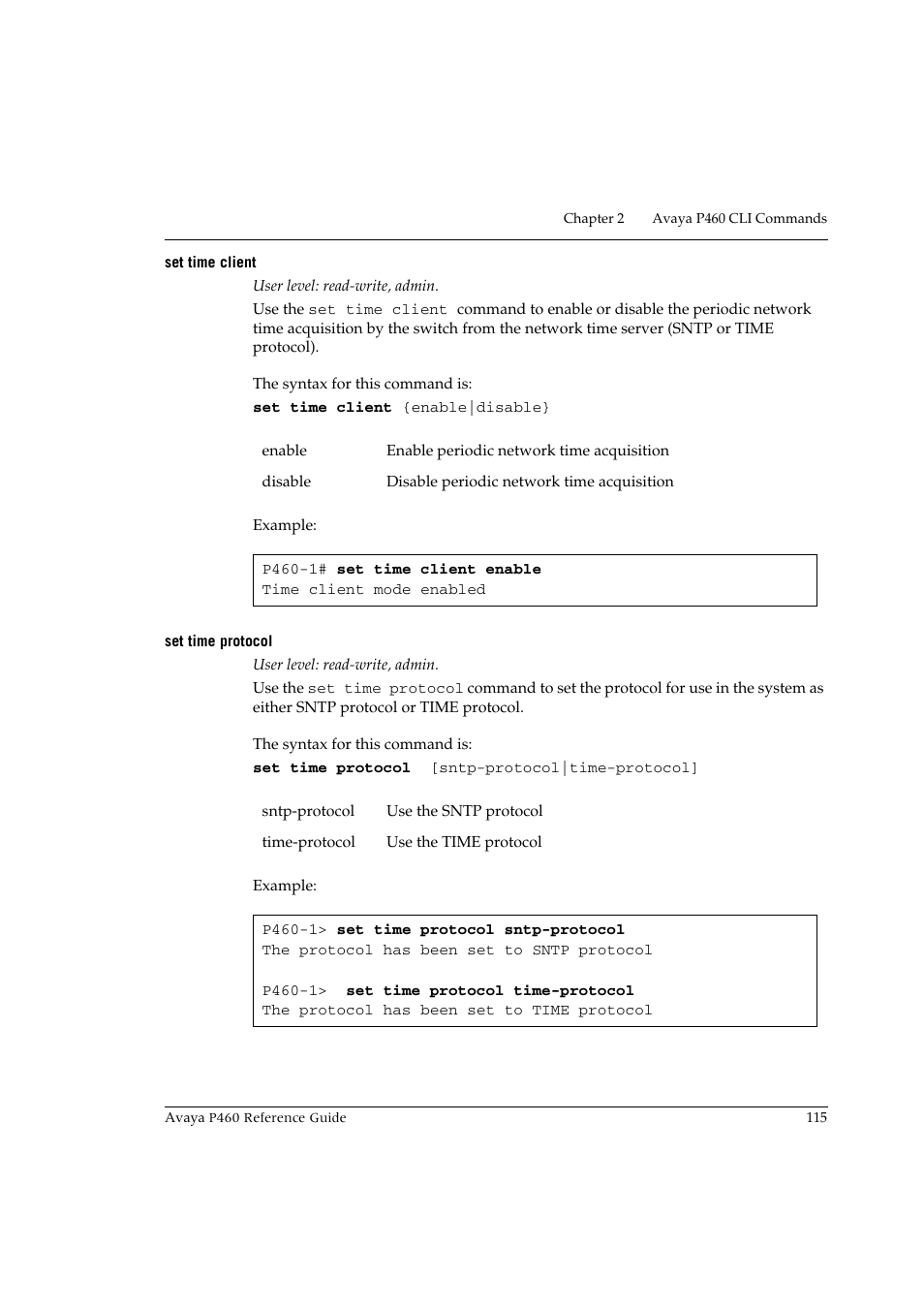 Set time client, Set time protocol, Set time client set time protocol | Avaya P460 User Manual | Page 125 / 224