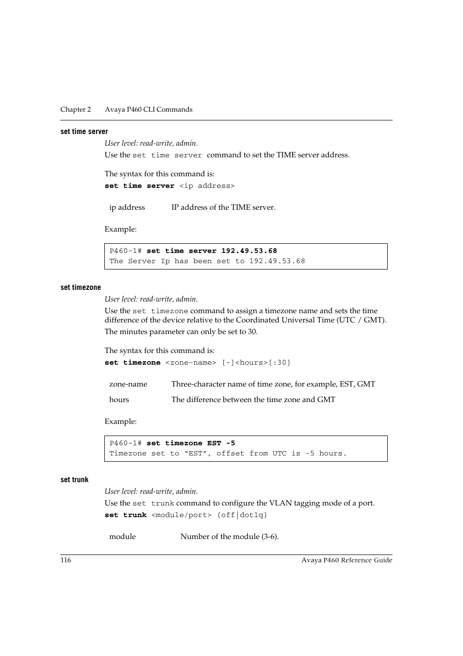 Set time server, Set timezone, Set trunk | Set time server set timezone set trunk | Avaya P460 User Manual | Page 126 / 224