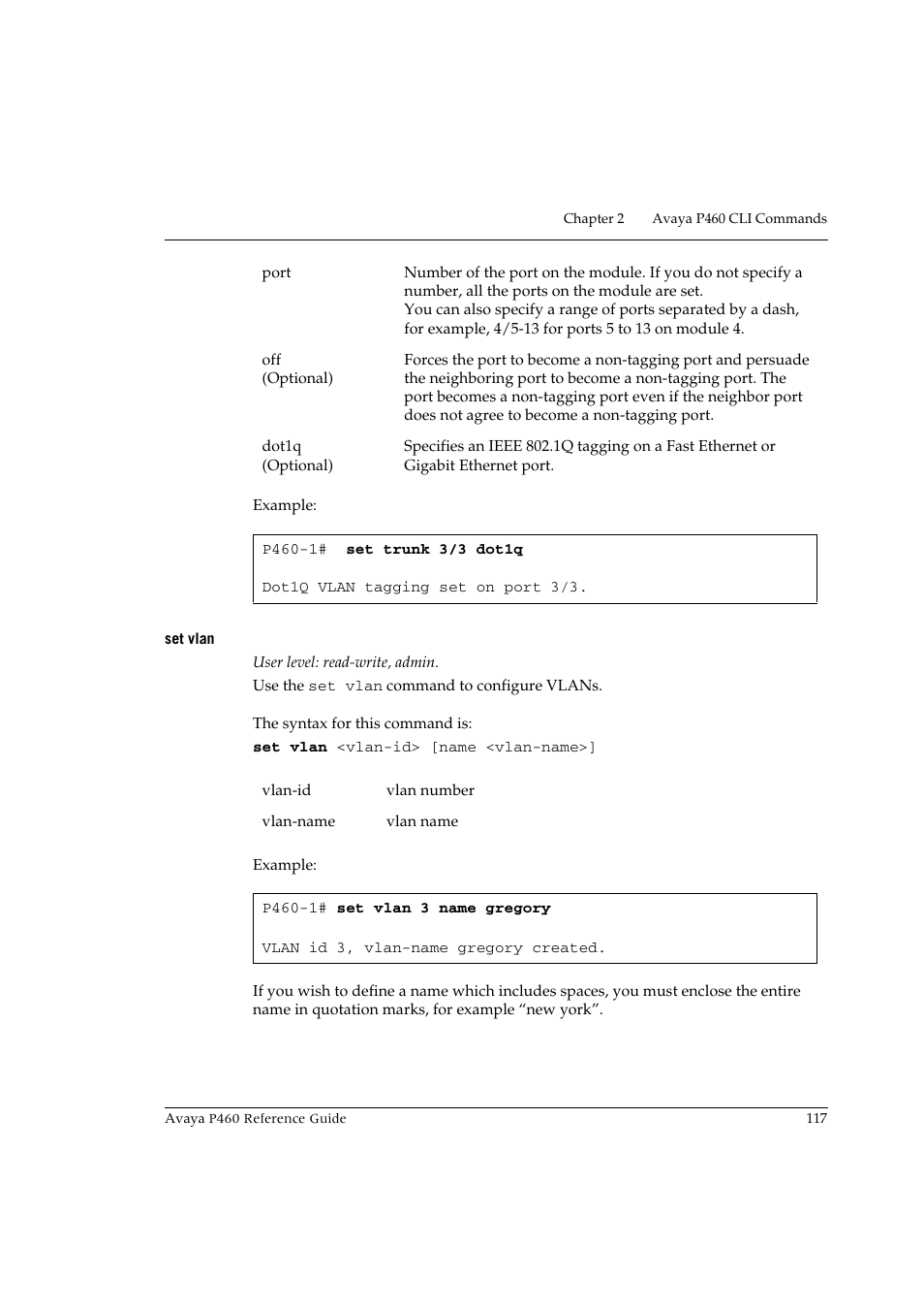 Set vlan | Avaya P460 User Manual | Page 127 / 224