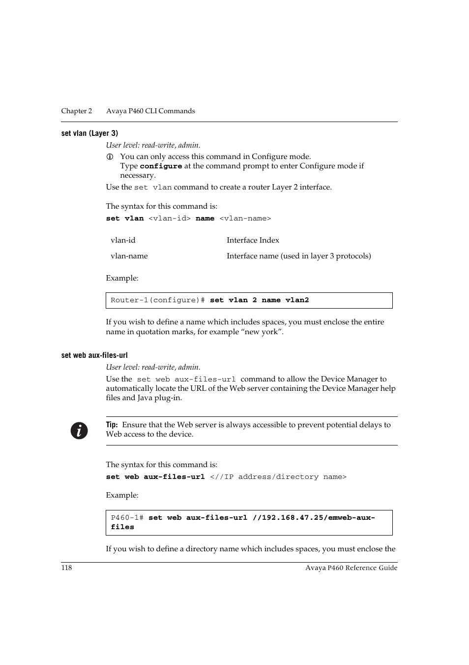 Set vlan (layer 3), Set web aux-files-url, Set vlan (layer 3) set web aux-files-url | Avaya P460 User Manual | Page 128 / 224