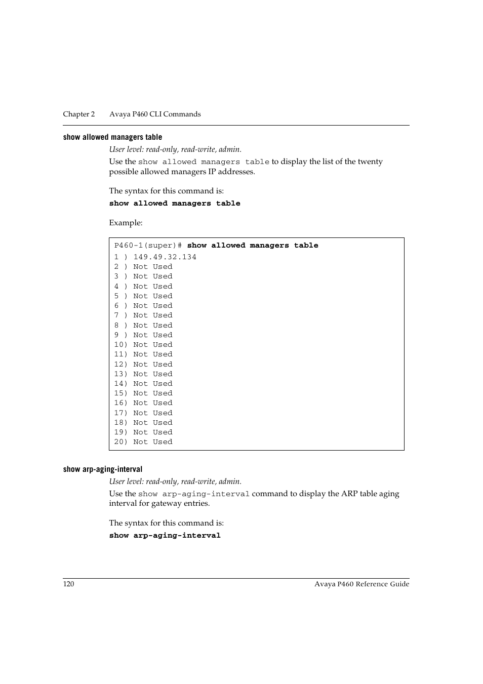 Show allowed managers table, Show arp-aging-interval | Avaya P460 User Manual | Page 130 / 224