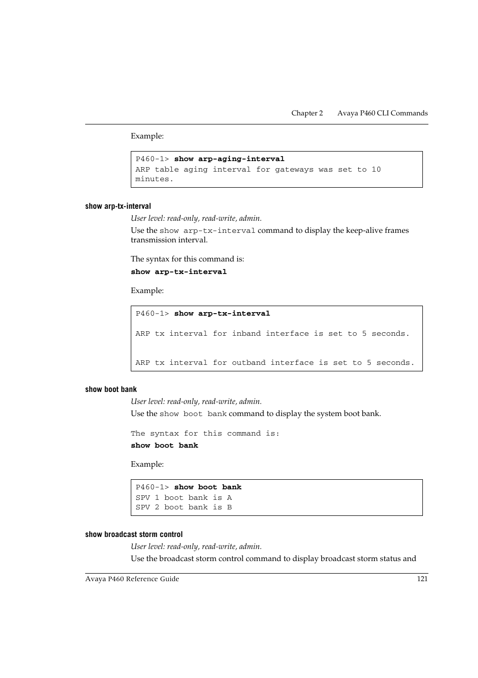 Show arp-tx-interval, Show boot bank, Show broadcast storm control | Avaya P460 User Manual | Page 131 / 224