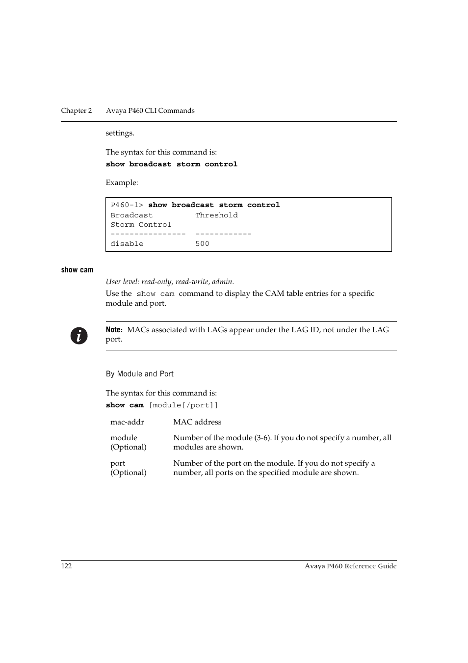 Show cam, By module and port | Avaya P460 User Manual | Page 132 / 224