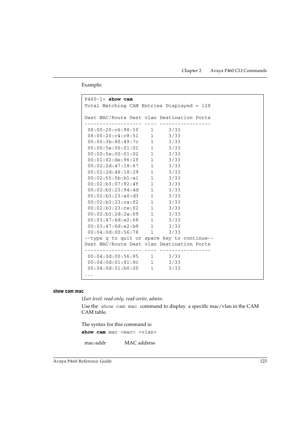Show cam mac | Avaya P460 User Manual | Page 133 / 224