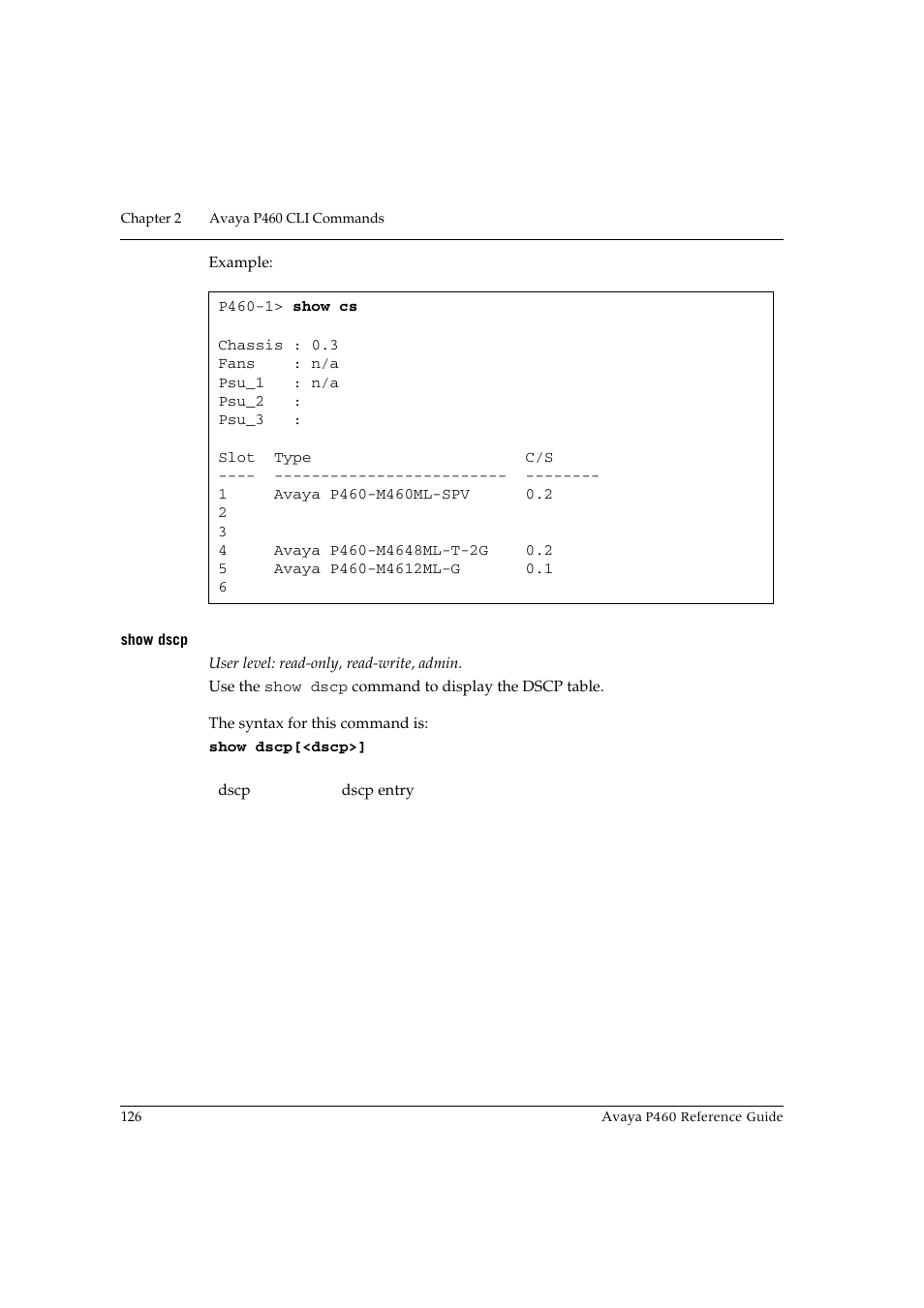 Show dscp | Avaya P460 User Manual | Page 136 / 224