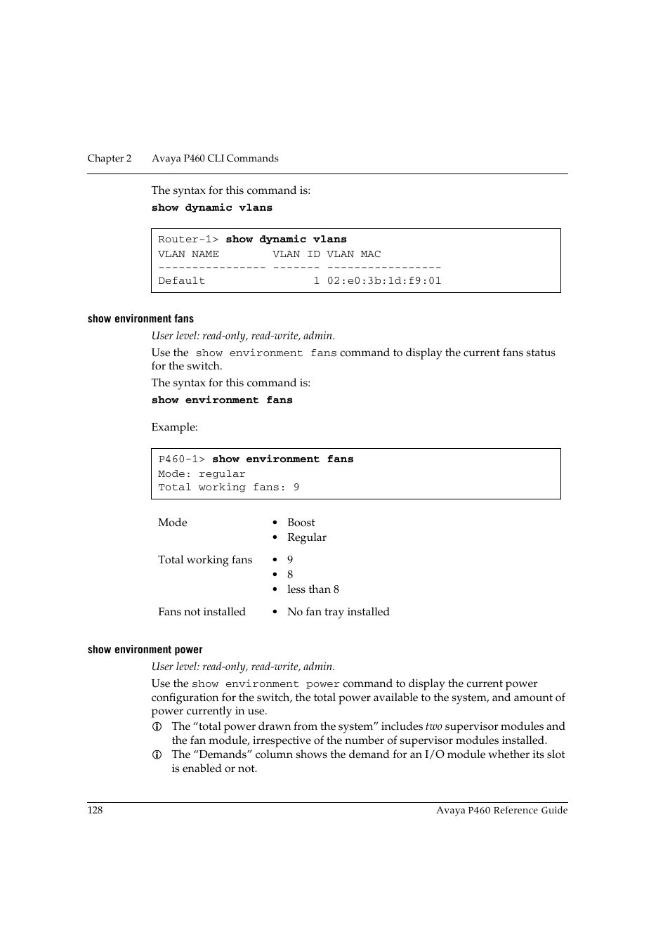 Show environment fans, Show environment power, Show environment fans show environment power | Avaya P460 User Manual | Page 138 / 224