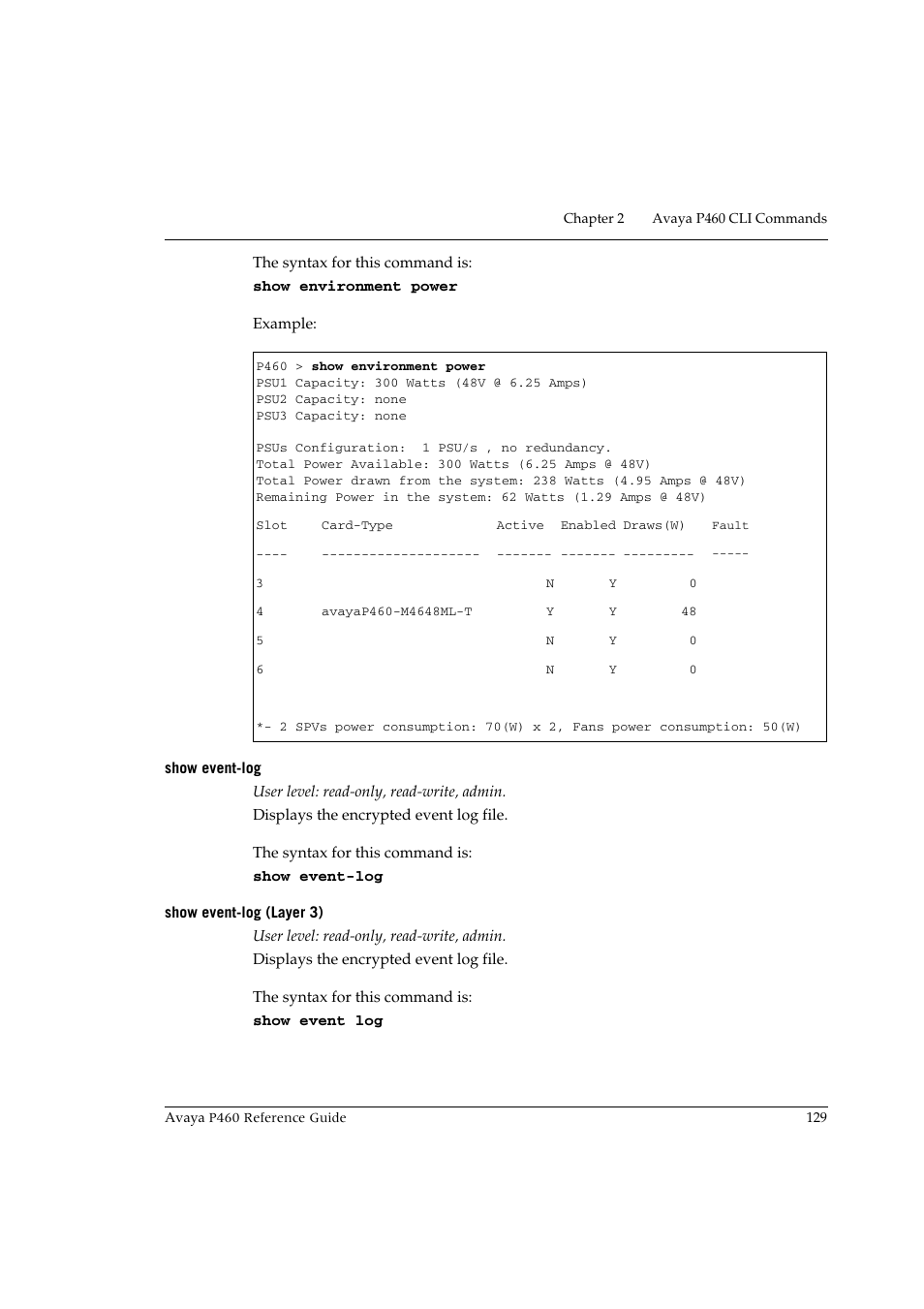 Show event-log, Show event-log (layer 3), Show event-log show event-log (layer 3) | Avaya P460 User Manual | Page 139 / 224