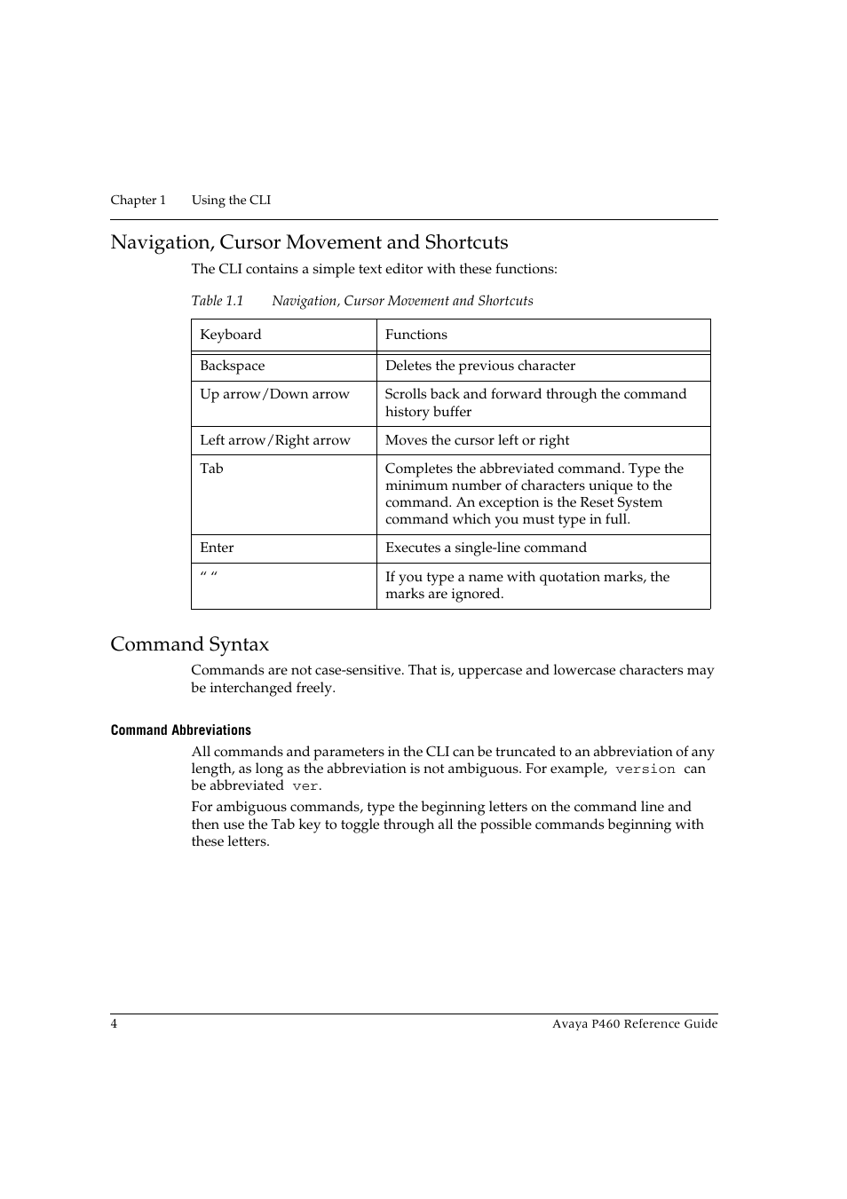 Navigation, cursor movement and shortcuts, Command syntax, Command abbreviations | Avaya P460 User Manual | Page 14 / 224