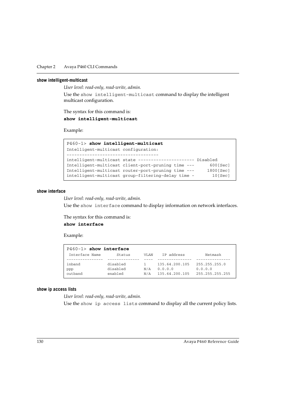 Show intelligent-multicast, Show interface, Show ip access lists | Avaya P460 User Manual | Page 140 / 224