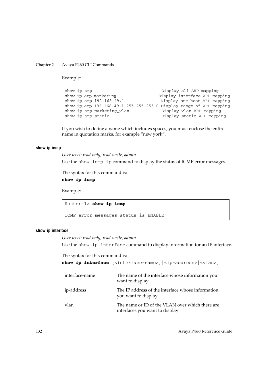 Show ip icmp, Show ip interface, Show ip icmp show ip interface | Avaya P460 User Manual | Page 142 / 224