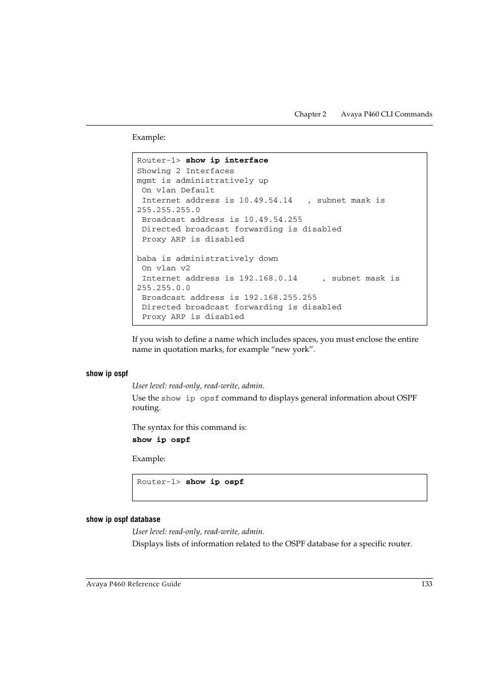 Show ip ospf, Show ip ospf database, Show ip ospf show ip ospf database | Avaya P460 User Manual | Page 143 / 224