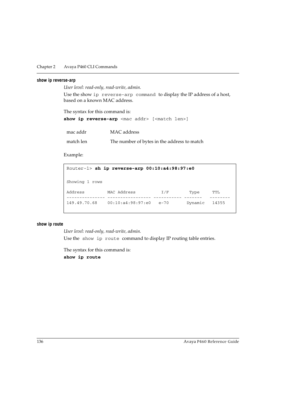 Show ip reverse-arp, Show ip route, Show ip reverse-arp show ip route | Avaya P460 User Manual | Page 146 / 224