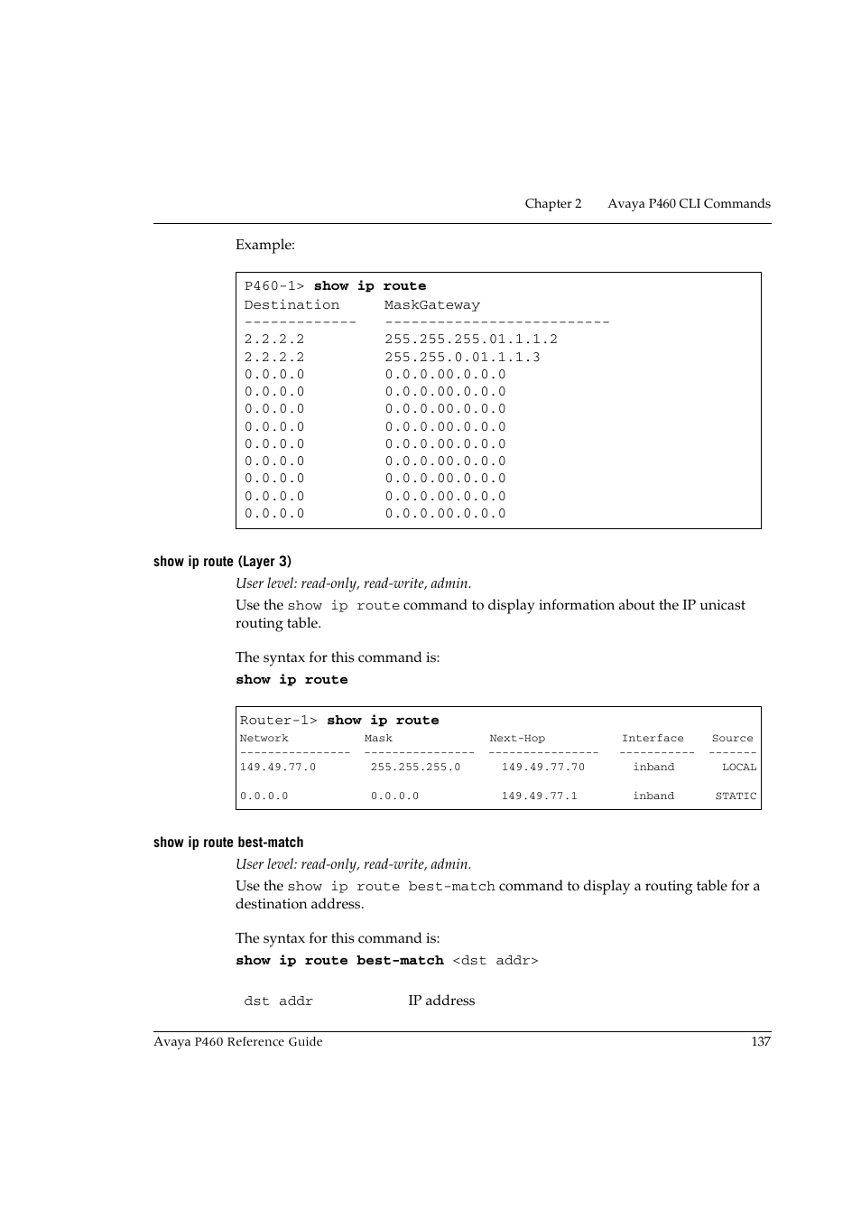 Show ip route (layer 3), Show ip route best-match, Show ip route (layer 3) show ip route best-match | Avaya P460 User Manual | Page 147 / 224