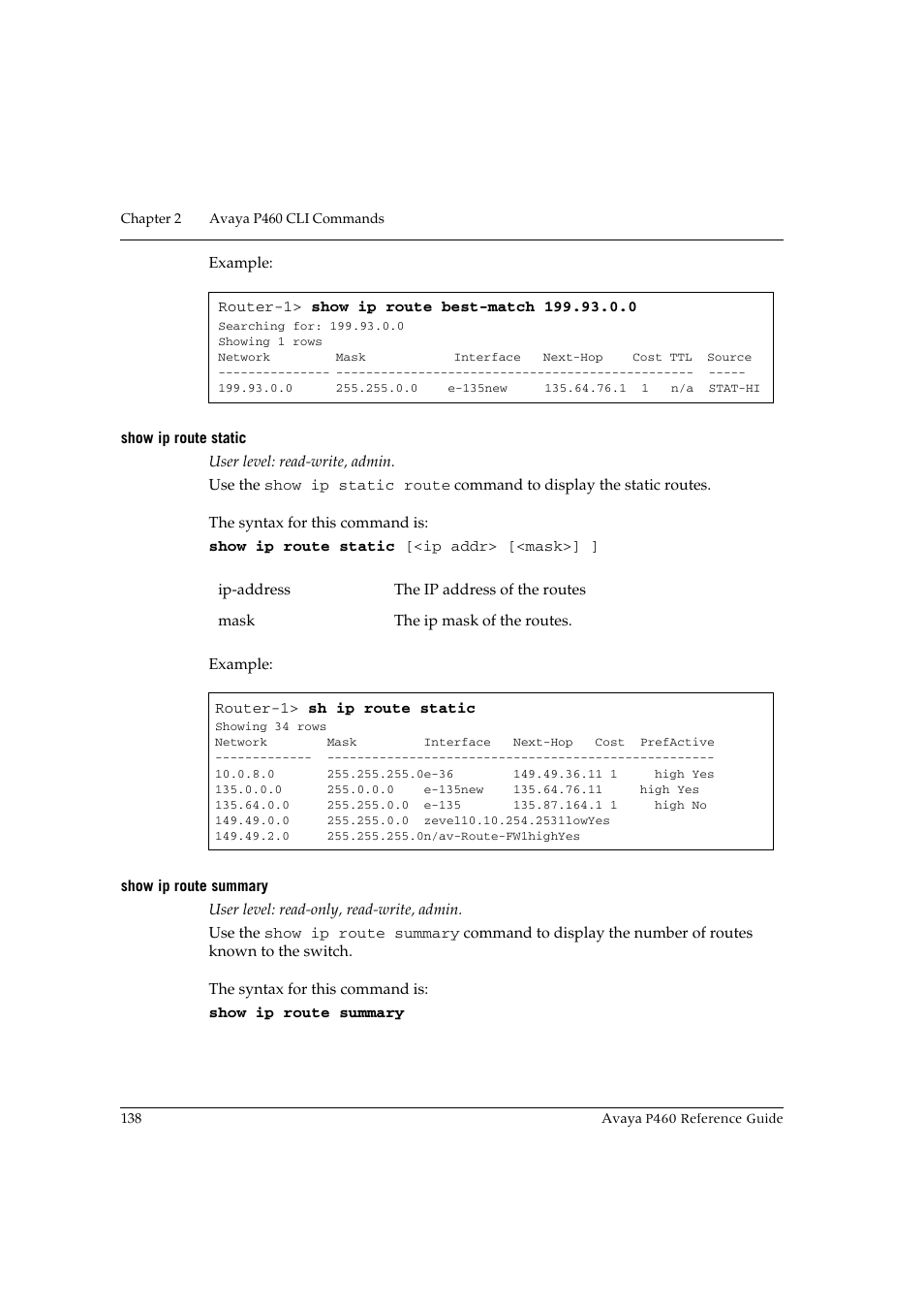 Show ip route static, Show ip route summary, Show ip route static show ip route summary | Avaya P460 User Manual | Page 148 / 224