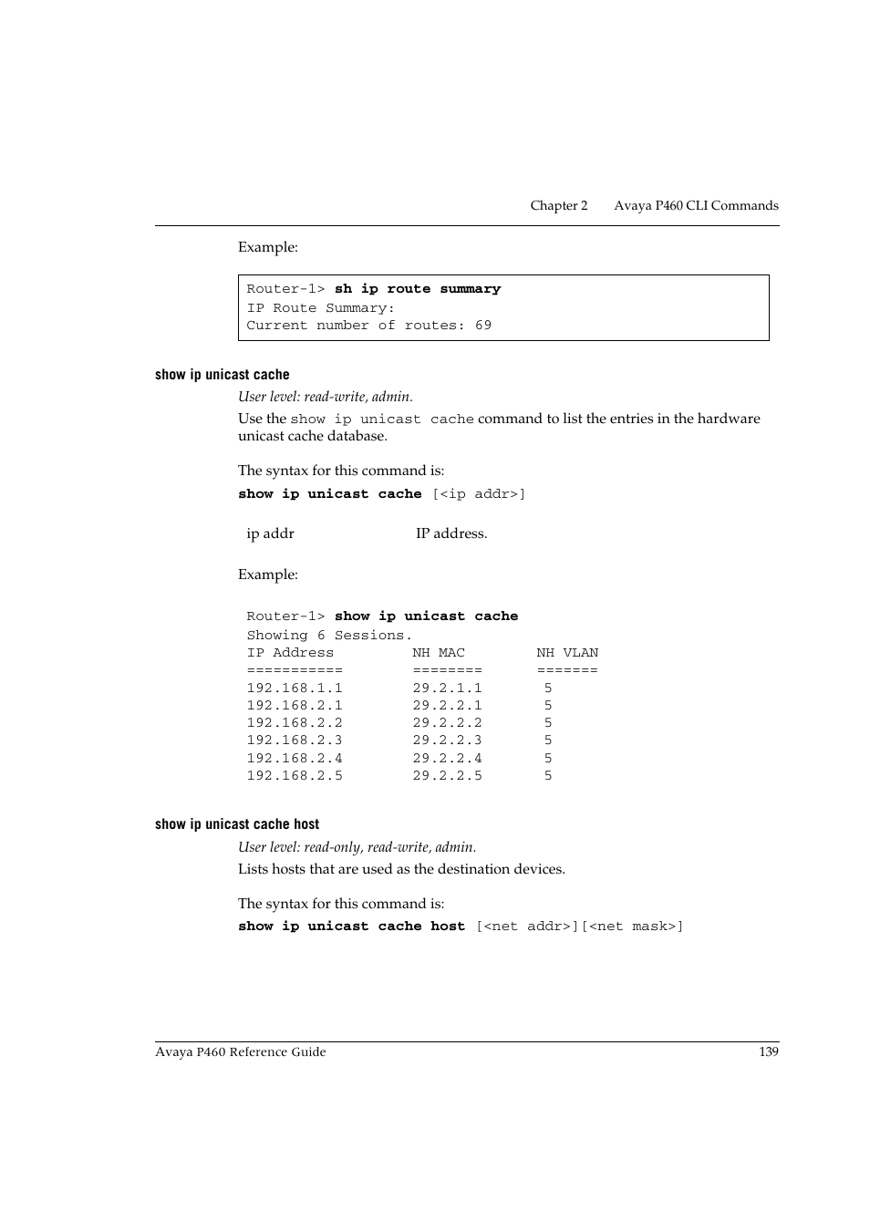 Show ip unicast cache, Show ip unicast cache host, Show ip unicast cache show ip unicast cache host | Avaya P460 User Manual | Page 149 / 224