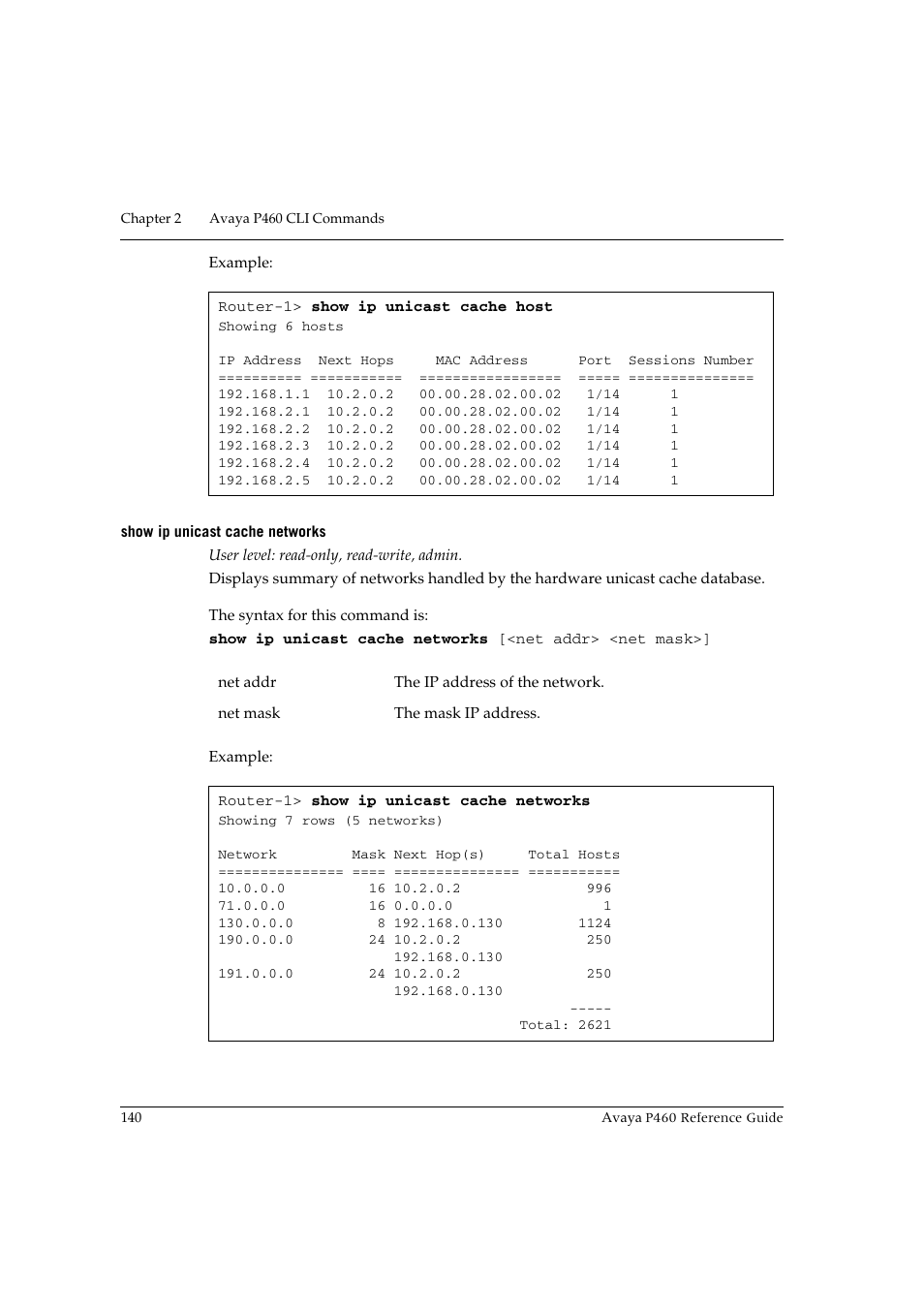 Show ip unicast cache networks | Avaya P460 User Manual | Page 150 / 224