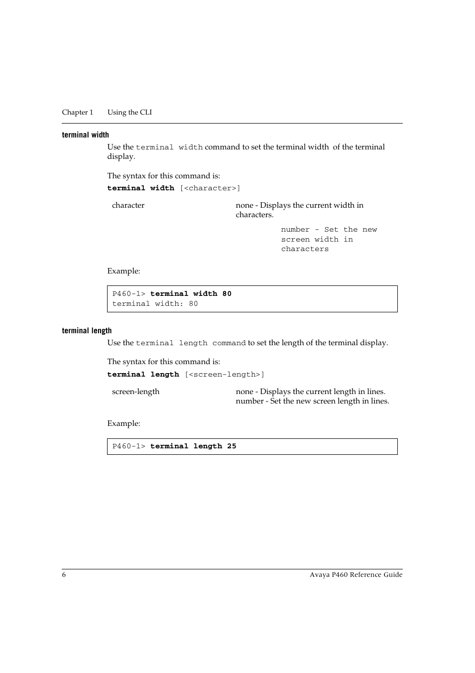 Terminal width, Terminal length, Terminal width terminal length | Avaya P460 User Manual | Page 16 / 224