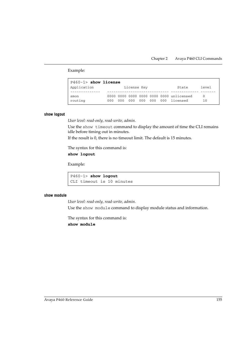 Show logout, Show module, Show logout show module | Avaya P460 User Manual | Page 165 / 224