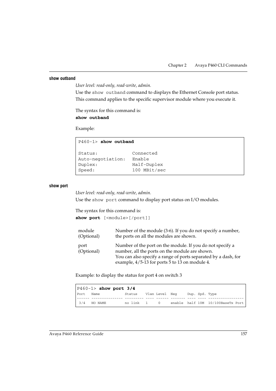 Show outband, Show port, Show outband show port | Avaya P460 User Manual | Page 167 / 224