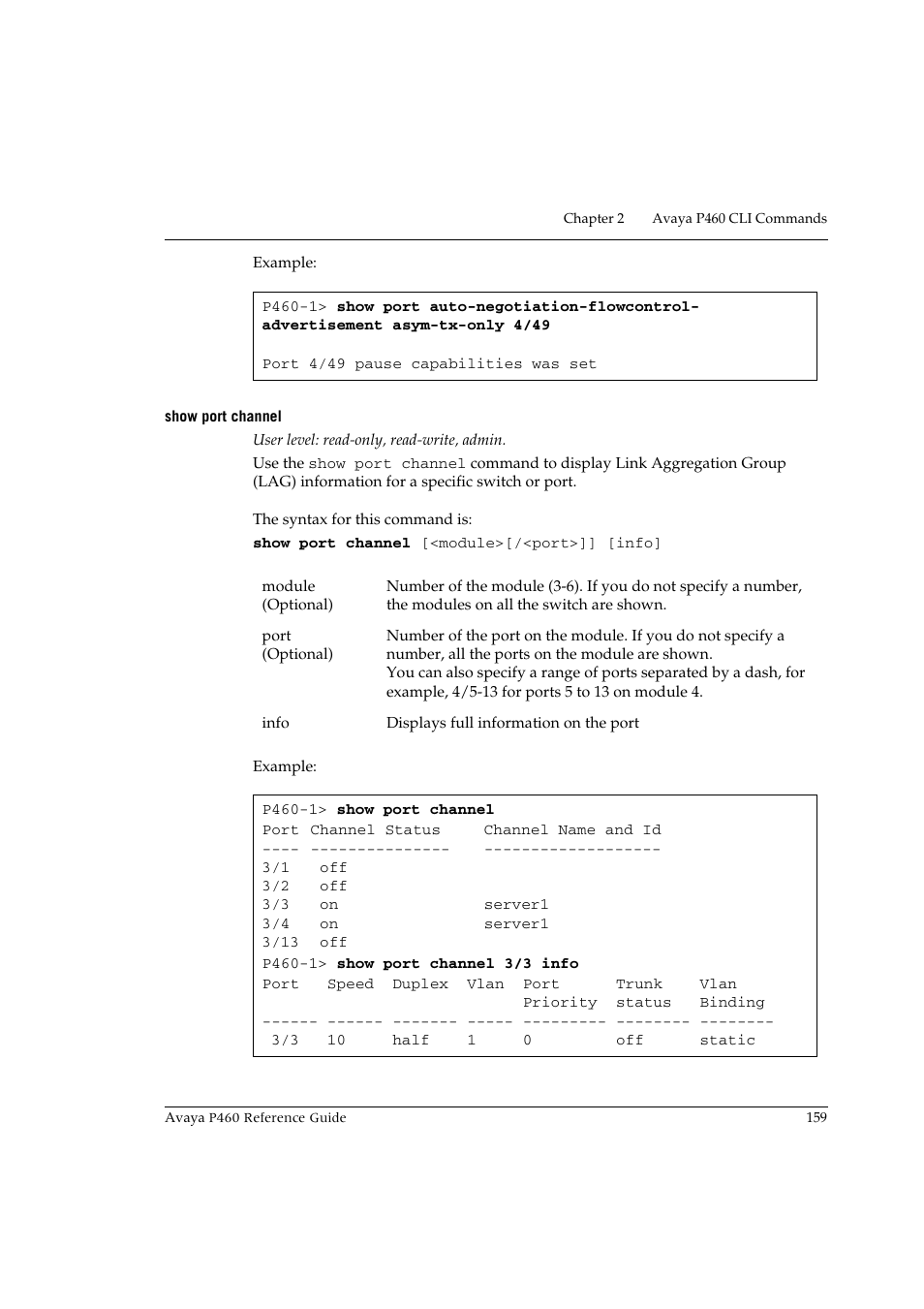 Show port channel | Avaya P460 User Manual | Page 169 / 224