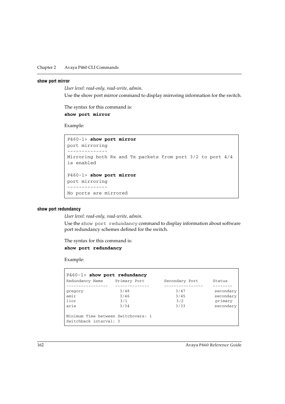 Show port mirror, Show port redundancy, Show port mirror show port redundancy | Avaya P460 User Manual | Page 172 / 224