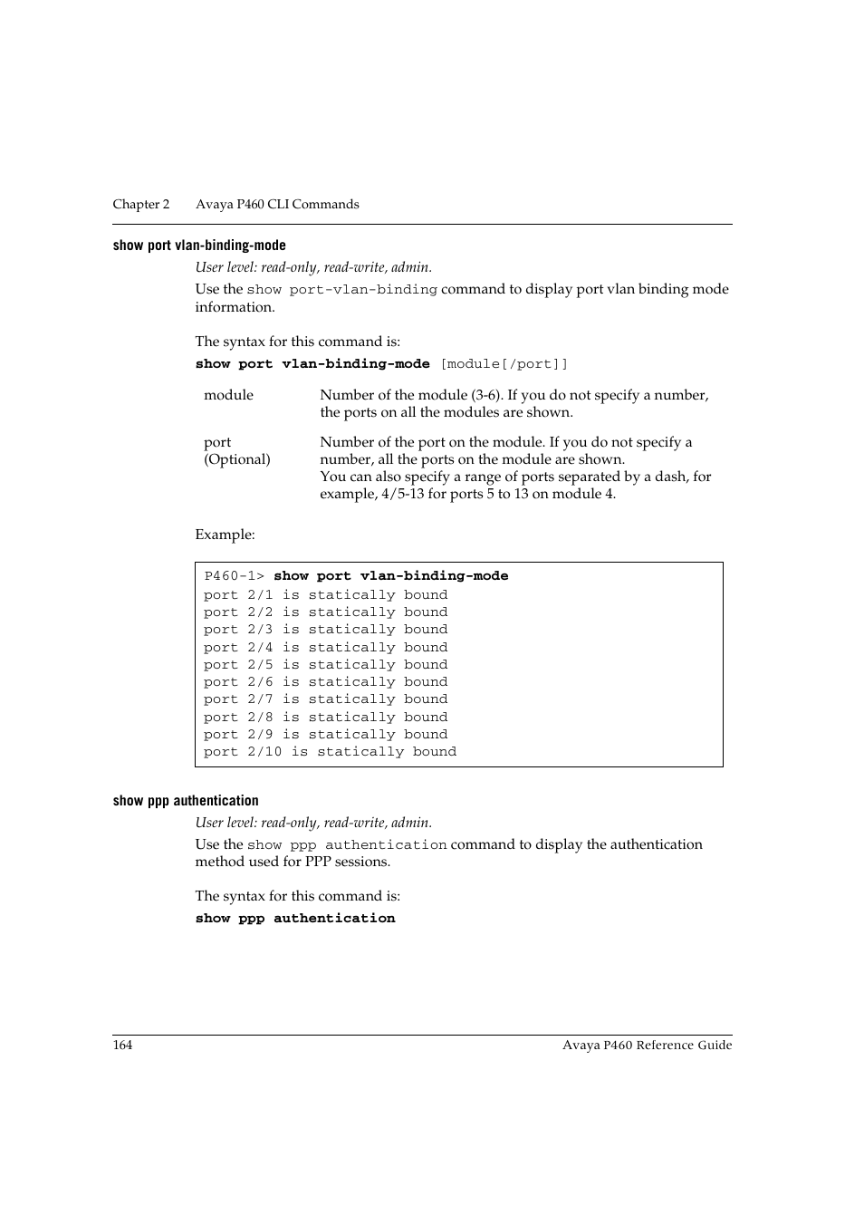 Show port vlan-binding-mode, Show ppp authentication | Avaya P460 User Manual | Page 174 / 224