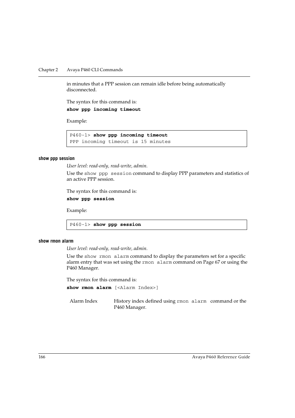 Show ppp session, Show rmon alarm, Show ppp session show rmon alarm | Avaya P460 User Manual | Page 176 / 224