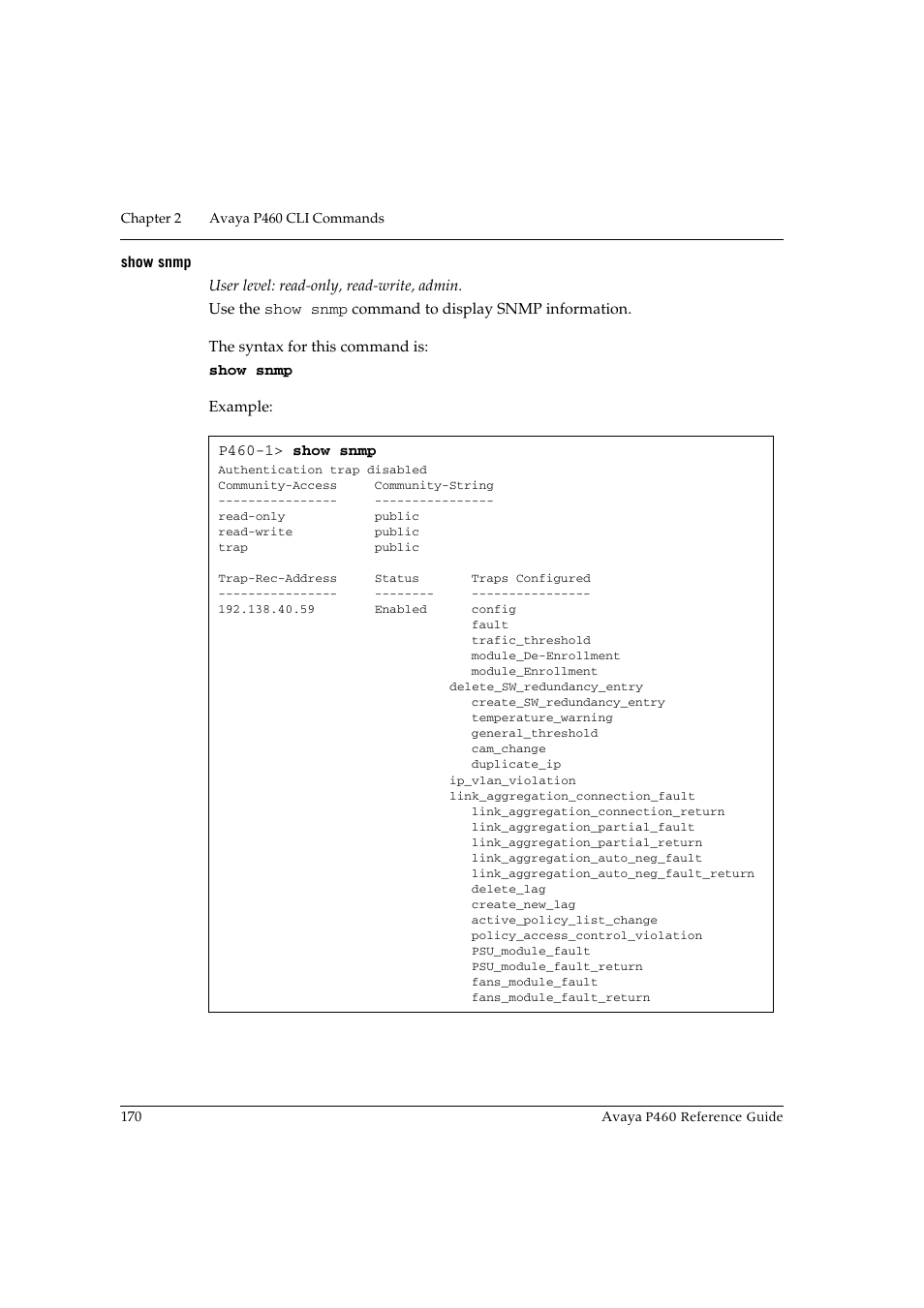 Show snmp | Avaya P460 User Manual | Page 180 / 224
