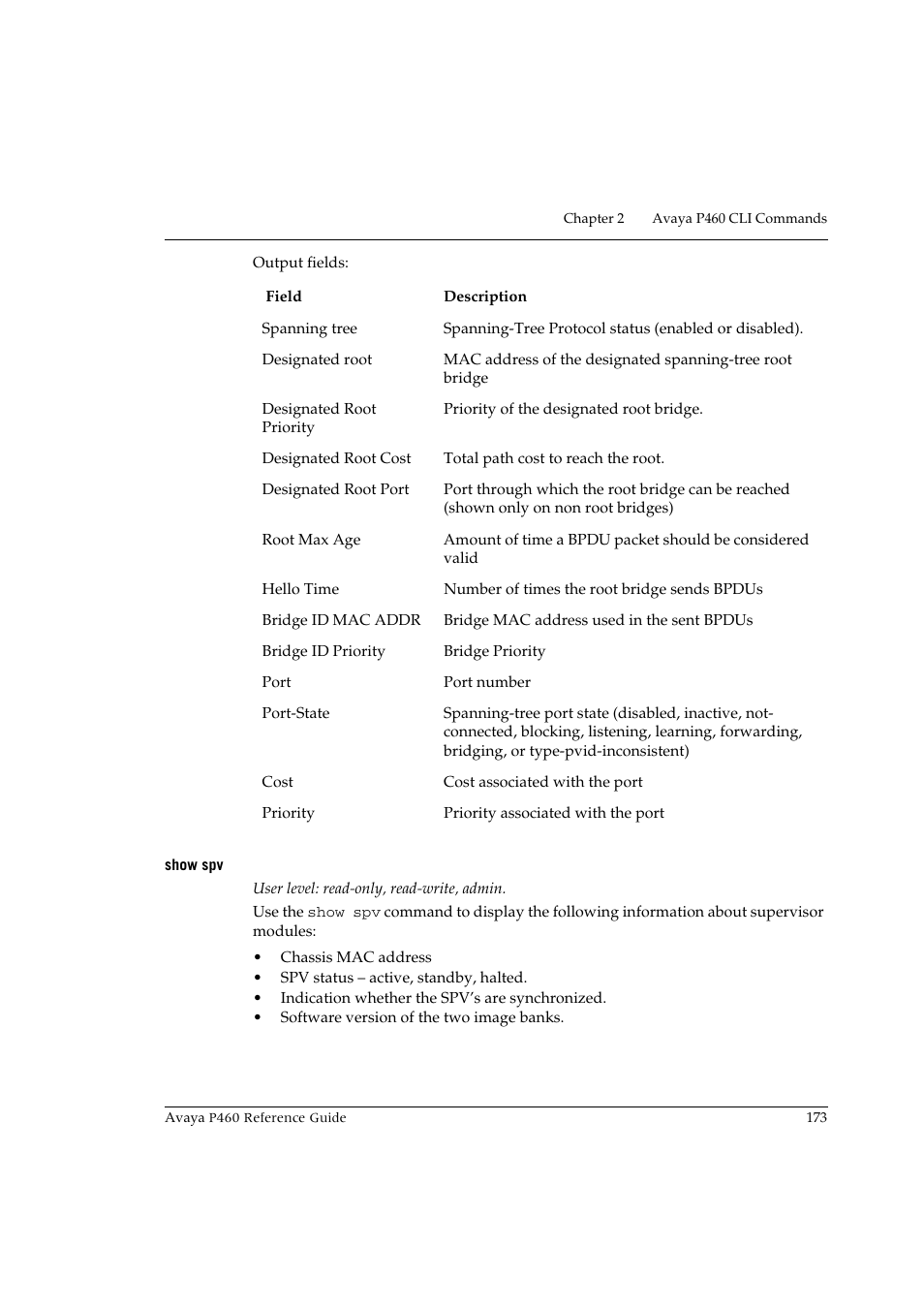 Show spv | Avaya P460 User Manual | Page 183 / 224