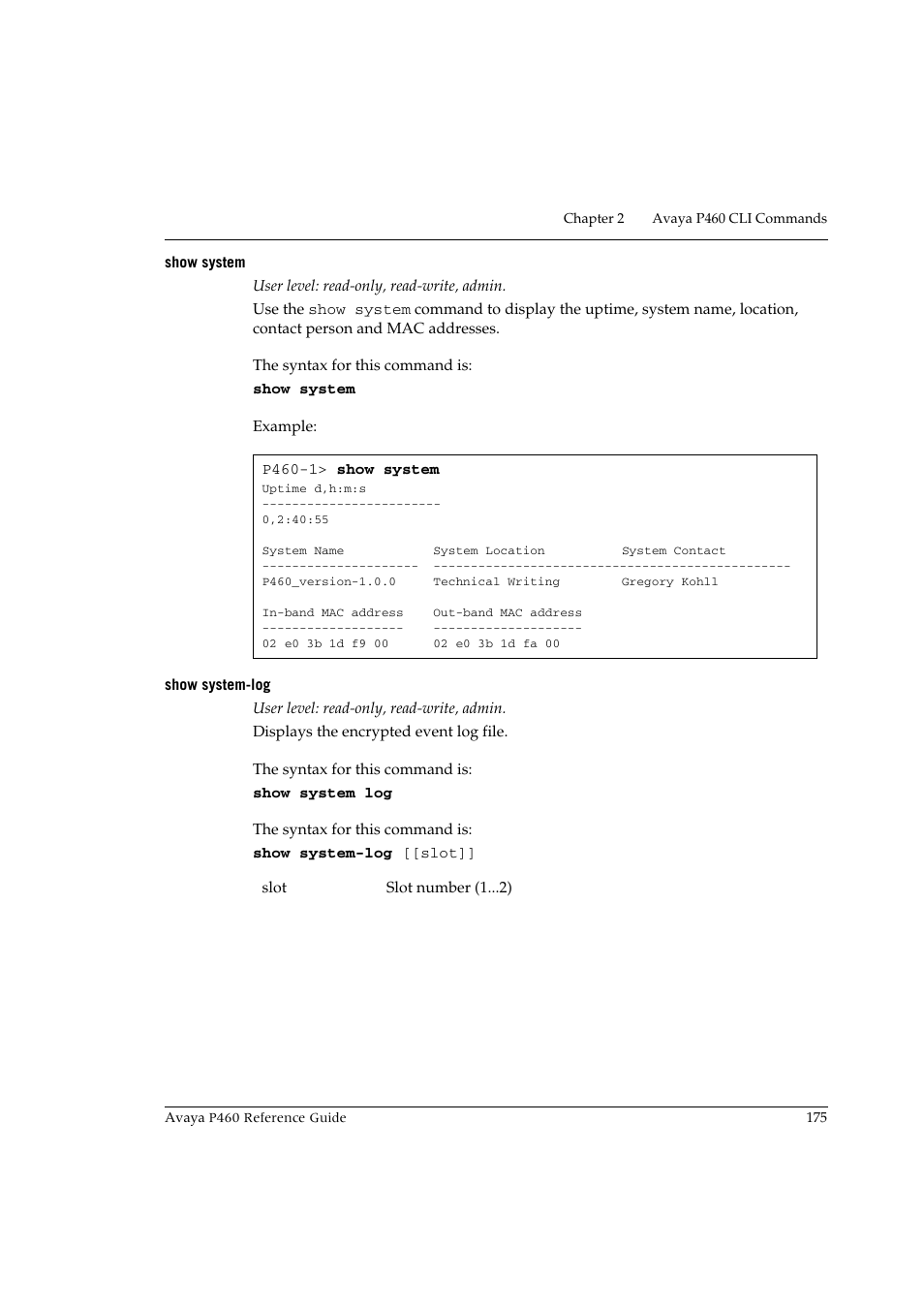 Show system, Show system-log, Show system show system-log | Avaya P460 User Manual | Page 185 / 224