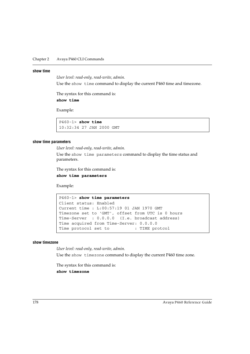 Show time, Show time parameters, Show timezone | Show time show time parameters show timezone | Avaya P460 User Manual | Page 188 / 224