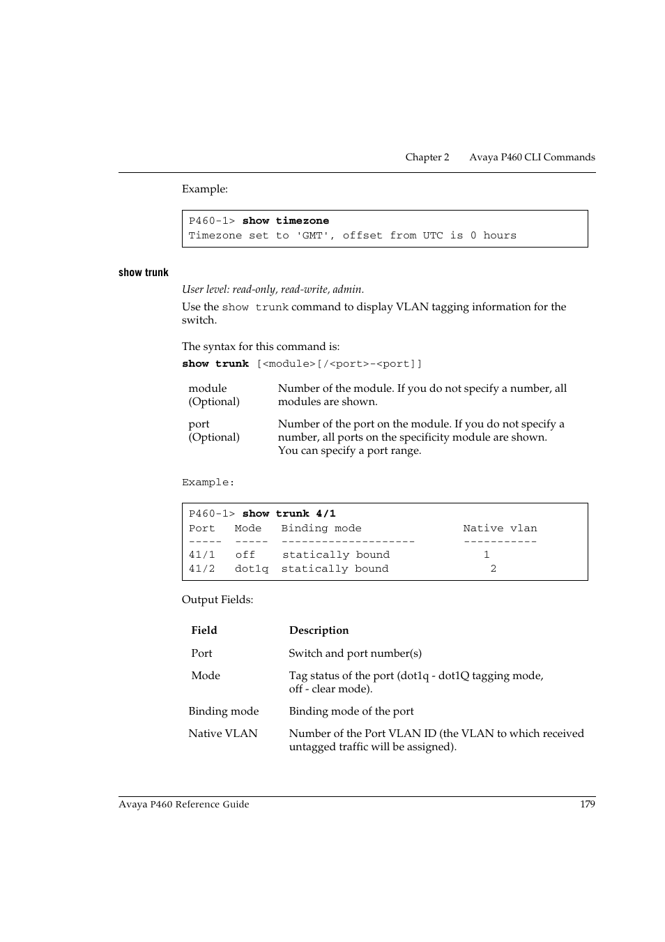 Show trunk | Avaya P460 User Manual | Page 189 / 224