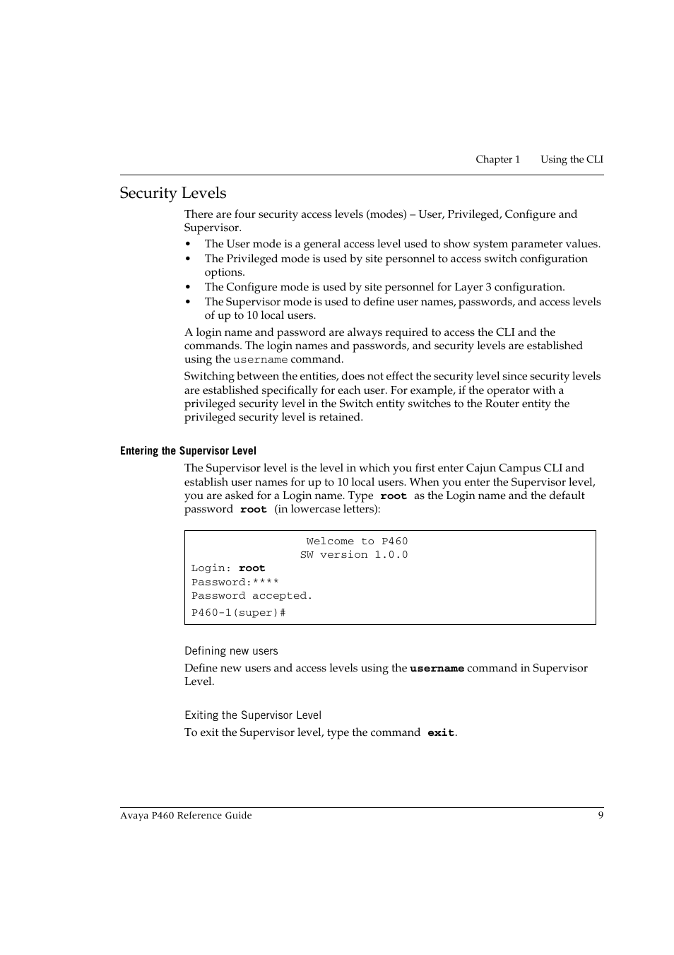 Security levels, Entering the supervisor level, Defining new users | Exiting the supervisor level | Avaya P460 User Manual | Page 19 / 224