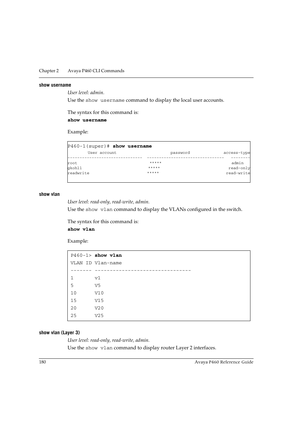 Show username, Show vlan, Show vlan (layer 3) | Show username show vlan show vlan (layer 3) | Avaya P460 User Manual | Page 190 / 224