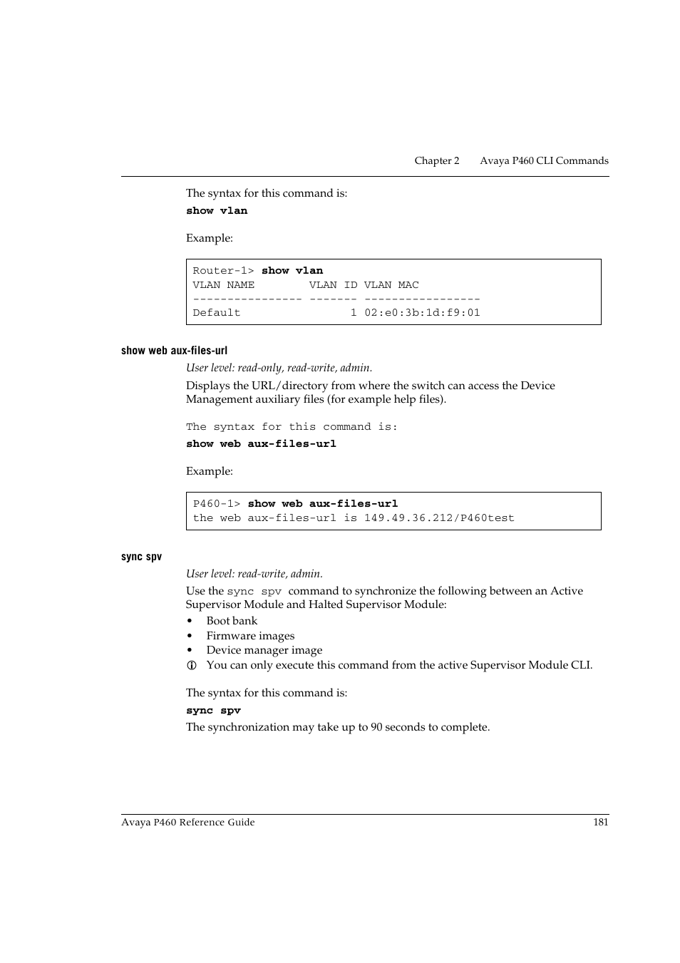 Show web aux-files-url, Sync spv, Show web aux-files-url sync spv | Avaya P460 User Manual | Page 191 / 224