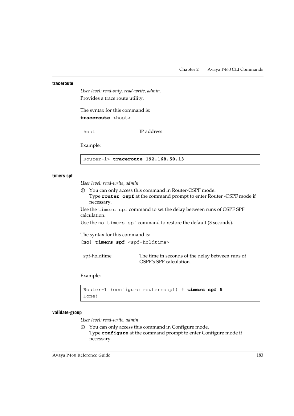 Traceroute, Timers spf, Validate-group | Traceroute timers spf validate-group | Avaya P460 User Manual | Page 193 / 224