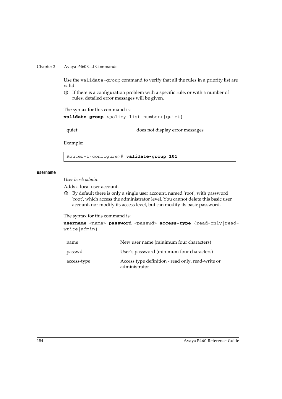 Username | Avaya P460 User Manual | Page 194 / 224