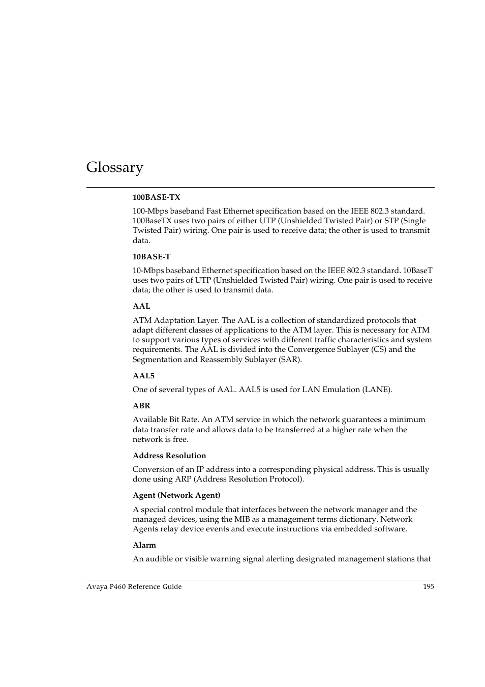 Glossary | Avaya P460 User Manual | Page 205 / 224