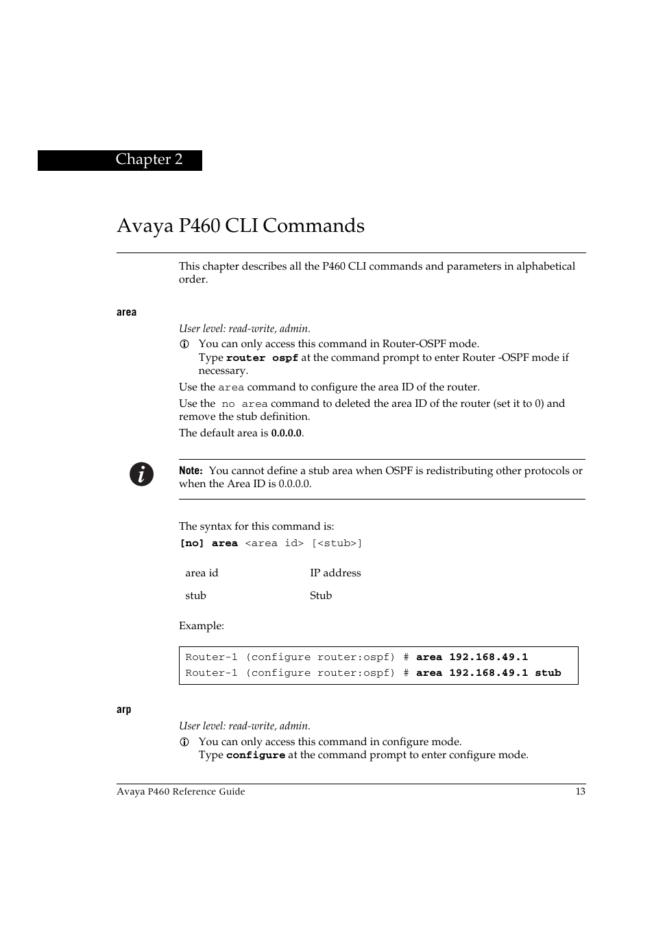 Avaya p460 cli commands, Area, Chapter 2 | Area arp | Avaya P460 User Manual | Page 23 / 224